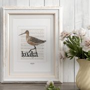 Kūaka print on card. print display in frame